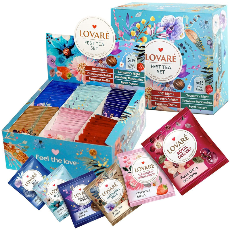 LOVARE Black and Green Tea Bags Variety Pack - Made in Ukraine Tea Sampler - Individually Wrapped 90 Assorted Tea Bags - Gift Box for Tea Lovers