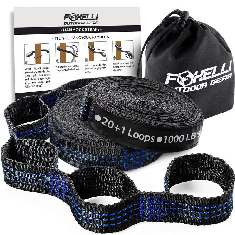 Foxelli XL Hammock Straps - Extra Long 20FT Heavy Duty No-Stretch Suspension System, 40+2 Loops, 2000 LBS Capacity, for Indoor/Outdoor Use â Set