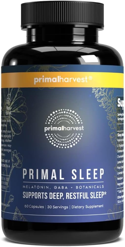 Primal Harvest Primal Sleep Support Supplement, 60 Capsules with Valerian Root, L-Tryptophan, GABA, Chamomile, and Melatonin 3Mg