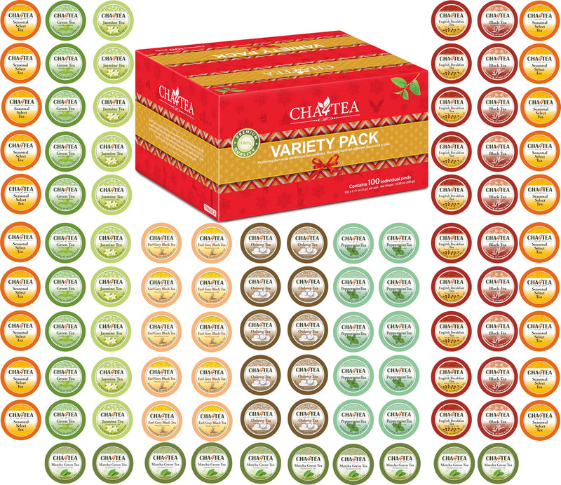 Cha4Tea 100-Count Variety Pack Tea, Compatible with Keurig Brewers, Includes Green, Black, Jasmine, Earl Grey, English Breakfast, Oolong,