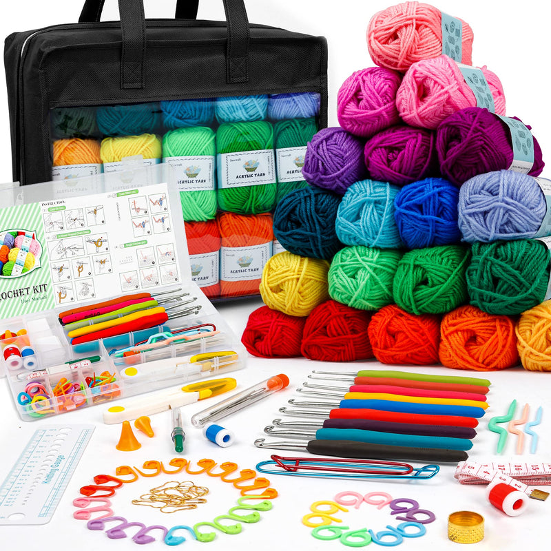 103 PCS Crochet Kit with Crochet Hooks Yarn Set, Premium Bundle Includes 1650 Yards Acrylic Yarn Skeins Balls, Needles, Accessories, Bag, Ideal