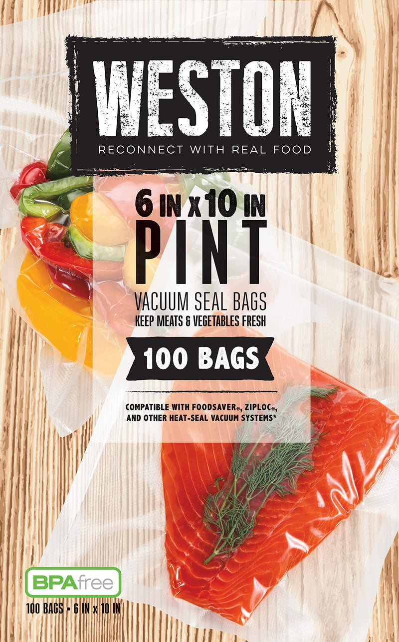 Weston 6" x 10" Pint Vacuum Sealer Bags For Meal Prep & Sous Vide | 2 Ply 3mm Thick | Compatible With NutriFresh & FoodSaver | BPA Free | 100