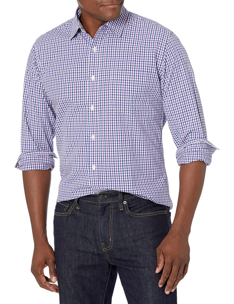 Amazon Essentials Men's Regular-Fit Long-Sleeve Casual Poplin Shirt, Button Front, Business Casual, Collared Regular Fit Blue Purple Gingham X-Large