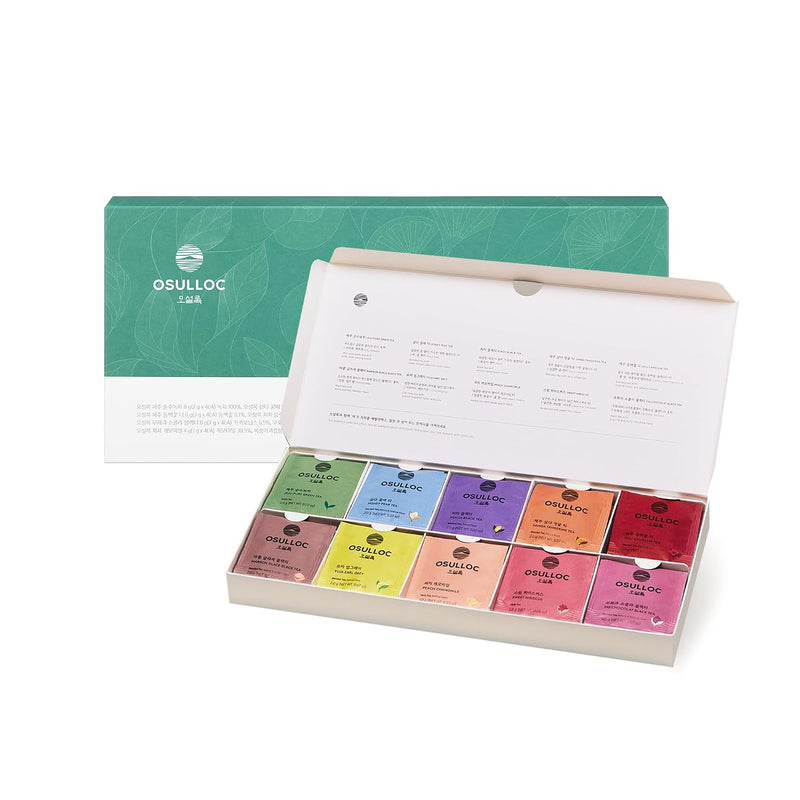 OSULLOC Premium Tea Collection (40 Count, 10 Flavors X 4 Ea), Assorted Tea Bag Sampler, Premium Organic Pure & Blended Self Care Gift Set Box from