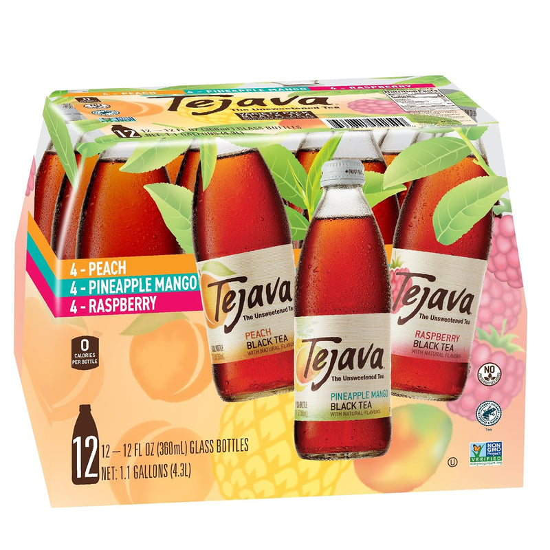 Tejava Black Tea Sampler, 12 Ounce (12-Pack) Glass, Peach, Raspberry and Pineapple-Mango, Ready-To-Drink Premium Iced Tea