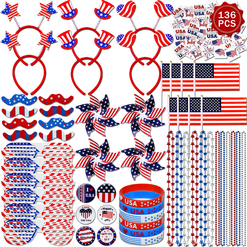 DysanVica 136PCS 4th of July Accessories - Patriotic Party Favors Fourth of July Decoration Supplies Headband Shutter Glasses Tattoo Sticker