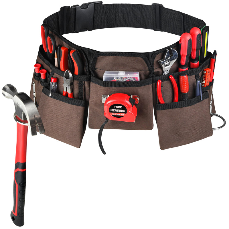 11 Pocket Brown and Black Heavy Duty Construction Tool Belt, Work Apron, Tool Pouch, with Poly Web Belt Quick Release Buckle - Adjusts from 33”