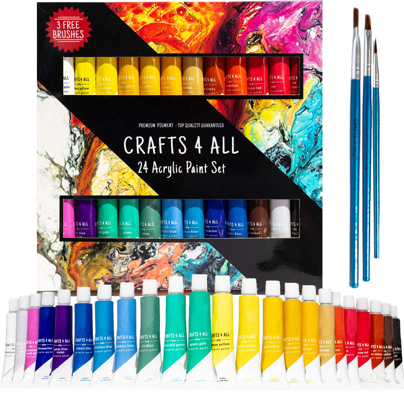 Crafts 4 All Acrylic Paint Set for Adults and Artists - 24 Pack of 12mL Paints with 3 Art Brushes, Non-Toxic Craft Paint for Easter Eggs, Ceramic