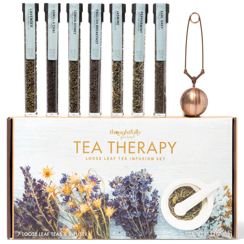 Thoughtfully Gourmet, Tea Therapy Infusion Gift Set, 7 Unique Flavors and Reusable Copper Ball Infuser, Loose Leaf Tea Set Flavors Include