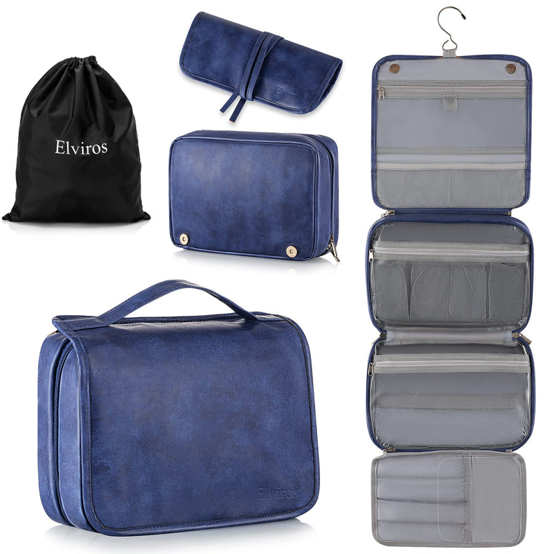 Elviros Hanging Toiletry Bag for Men PU Leather Shaving Dopp Kit (Blue) | 3-in-1 Waterproof Travel Organizer with Separate Compartments for