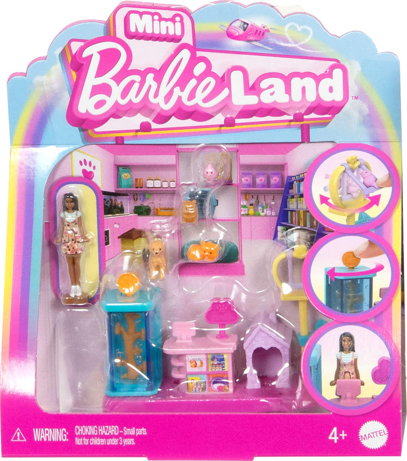 Barbie Mini BarbieLand Collectible Pet Boutique Playset with 1 1/2-Inch Doll, Product Display, Check Out Stand, Pet House & Cat Baskets for