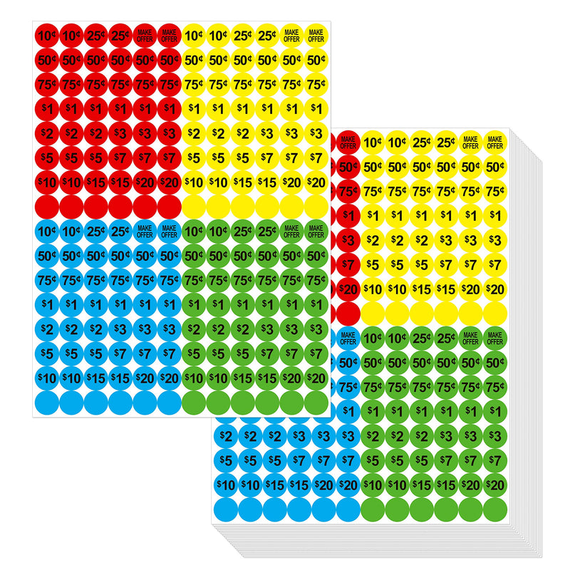 3840 PCs Garage Sale Flea Market Prepriced Pricing Stickers in Bright Colors (Yellow/Red/Green/Cyan), 3/4"in Diameter