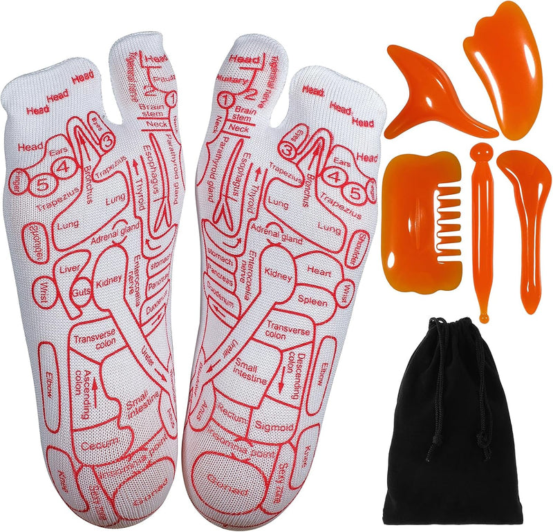 Reflexology Socks with Beginner Acupoint Massage Tools Set of 5 - Foot Pain Relief Remedy for Foot Massage Rod for Women and Men Tired Relieve