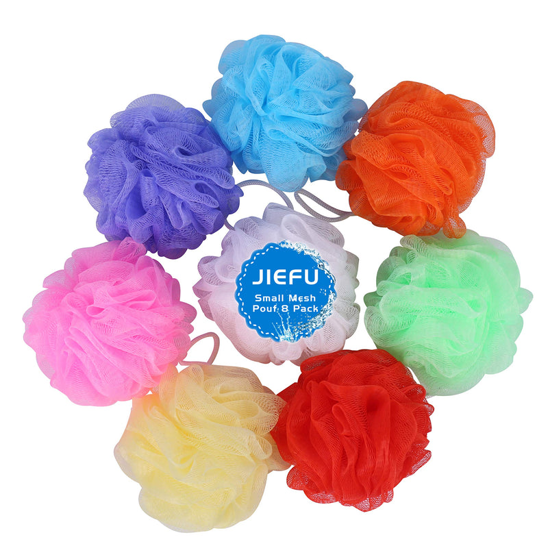 Bath Sponges, Small Size Colorful Shower Sponges Exfoliating Mesh Pouf Bath Ball Body Scrubber for Travel Pack of 8