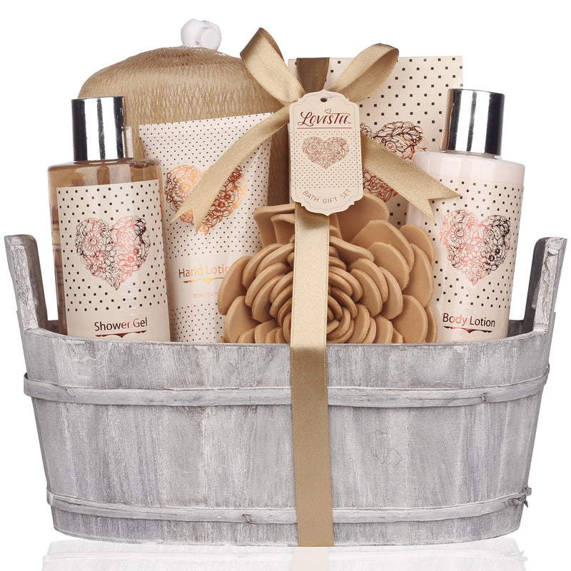 Spa Gift Basket â Bath and Body Set with Vanilla Fragrance by Lovestee - Gift Basket Includes Shower Gel, Body Lotion, Hand Lotion, Bath