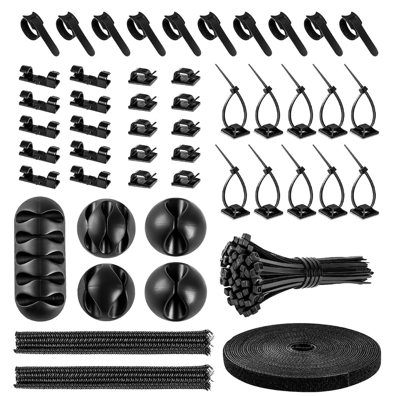 Cable Management Organizer Kit 2 Cable Sleeve Split with 41Self Adhesive Cable Clips Holder, 10Pcs and 2 Roll Self Adhesive Tie and 100 Fastening