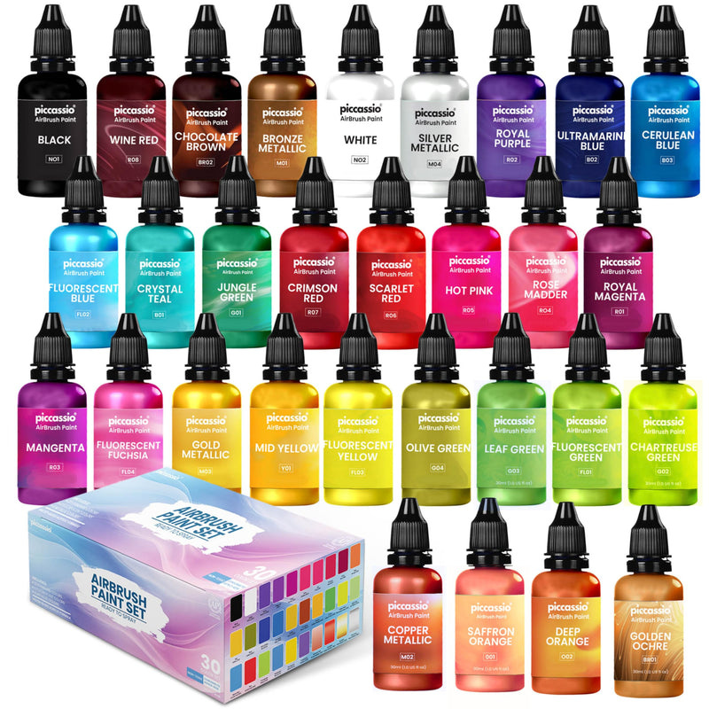 Airbrush Paint, 30 Water-Based, Quick-Drying Colors for Artists & Beginners, Ideal for Wood, Ceramic, Paper, Plaster, Canvas, Plastic (30