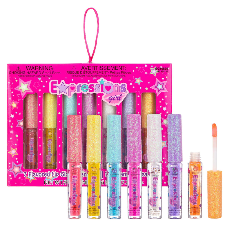 7pc Fruity Flavored Lip Gloss Set - Assorted Fruit Flavor-Great Gift | Non-Toxic Kids Makeup. Fun Shiny Lip Gloss Collection for Kids, Teens &