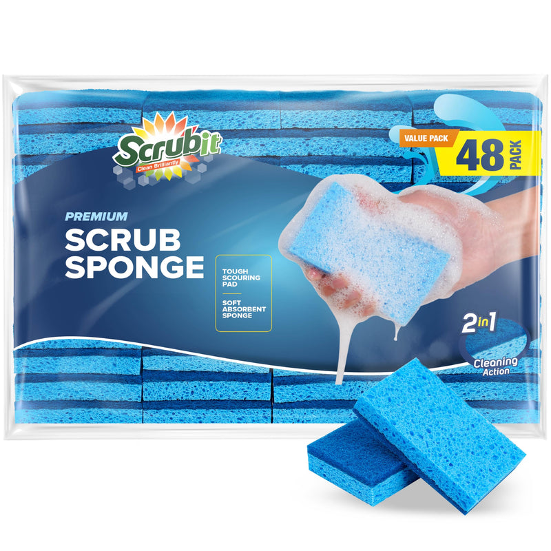 SCRUBIT 48 Pack Kitchen Sponges - Dish Sponge for Washing Dishes, Kitchen & Bathroom â Blue Dishwashing Sponges along with a Thought Scrubber â