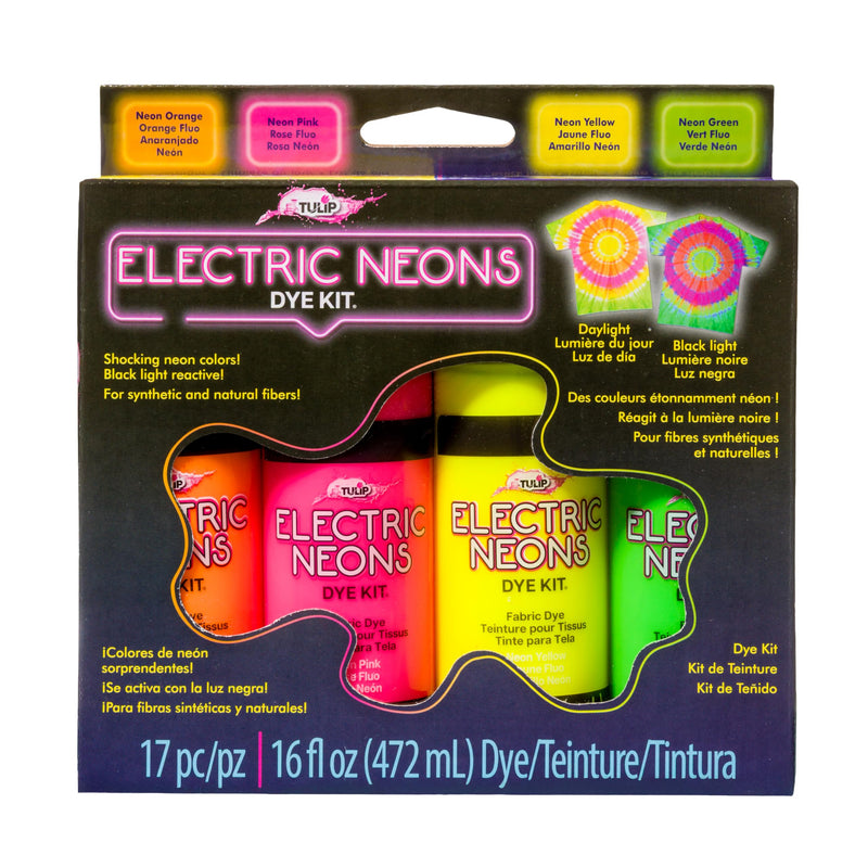 Tulip Electric Neons Tie-Dye Kit, Party Activity, Black Light Reactive Fabric Dye, Pre-mixed Green, Yellow, Orange, Pink, Easy Application &