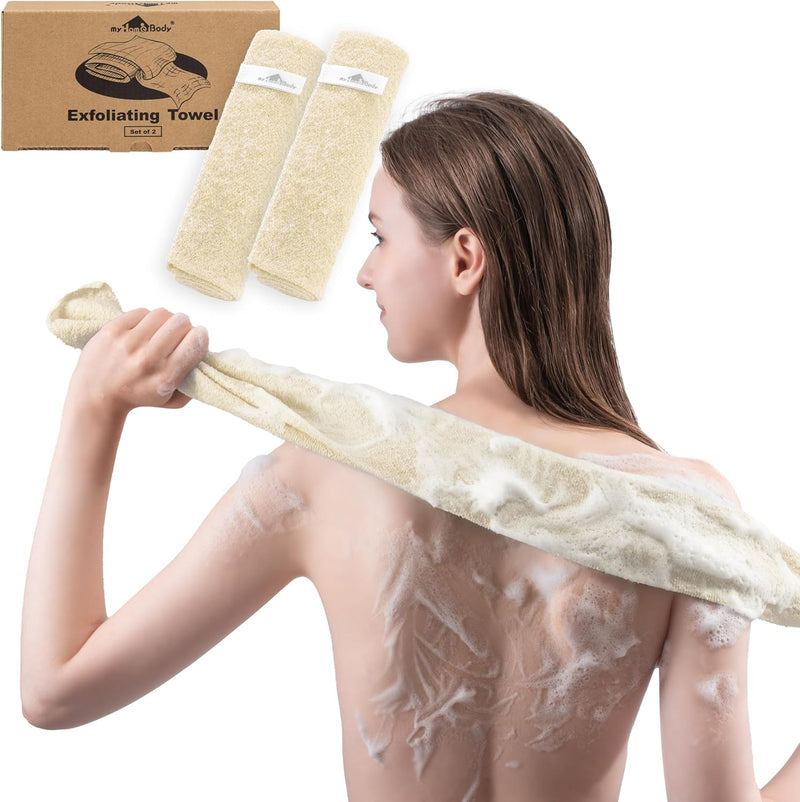 Myhomebody Exfoliating Washcloths for Showering, Loofah Body Scrubber Exfoliator, Back Shower Towel, Bath Washer for Exfoliation, Cream, Set of 2
