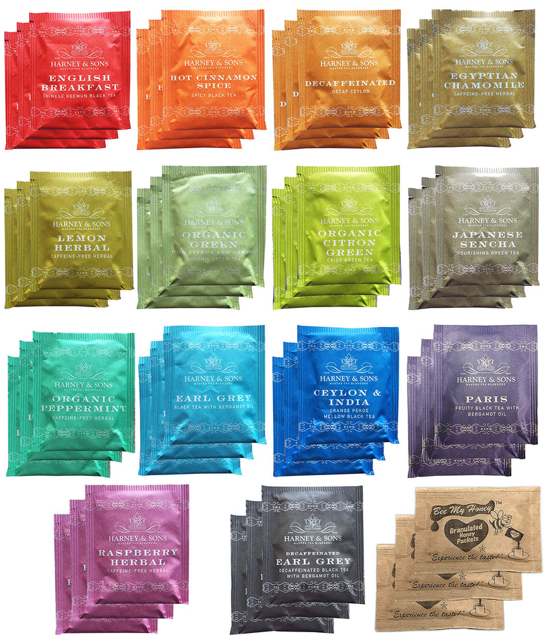 Harney & Sons Assorted Tea Bag Sampler Bundle 42 Count With Honey Crystal Packs Great for Birthday, Hostess and Co-worker Gifts, Tea Set Gifts,