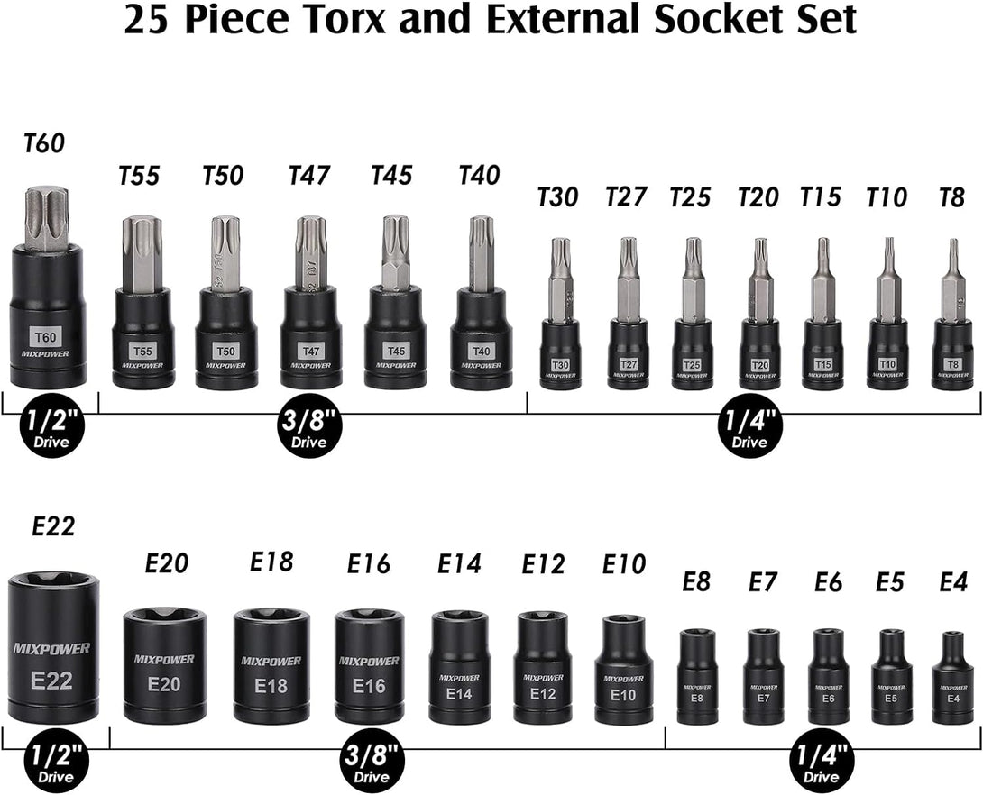 MIXPOWER 25 Piece Torx Bit and Socket Set, 13 Star Bits (T8- T60) & 12 E-Torx Sockets (E4-E22), Professional Grade Auto & Motorcycle Mechanic Set