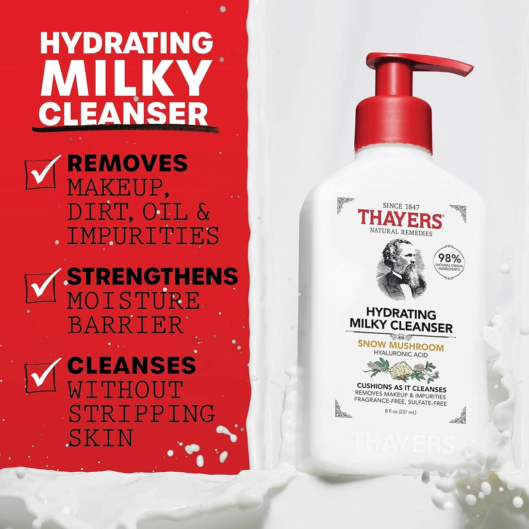 Thayers Milky Face Cleanser with Snow Mushroom, Hyaluronic Acid - Gentle, Hydrating, Dermatologist Recommended for Dry, Sensitive Skin - Paraben Free, 8 Oz