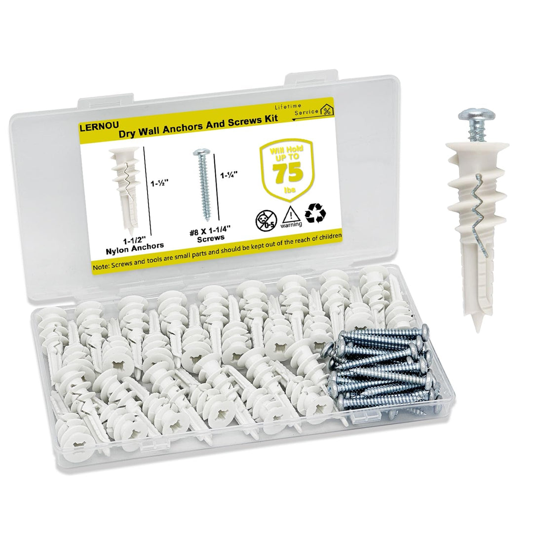 60 Pcs #8 Self Drilling Drywall Anchors,Dry Wall Anchors and Screws Kit, 30 Pcs Nylon Sheetrock Anchors and 30 Pcs #8 X 1-1/4'' Drywall Screw, No Pre Drilling Required-75 Lbs