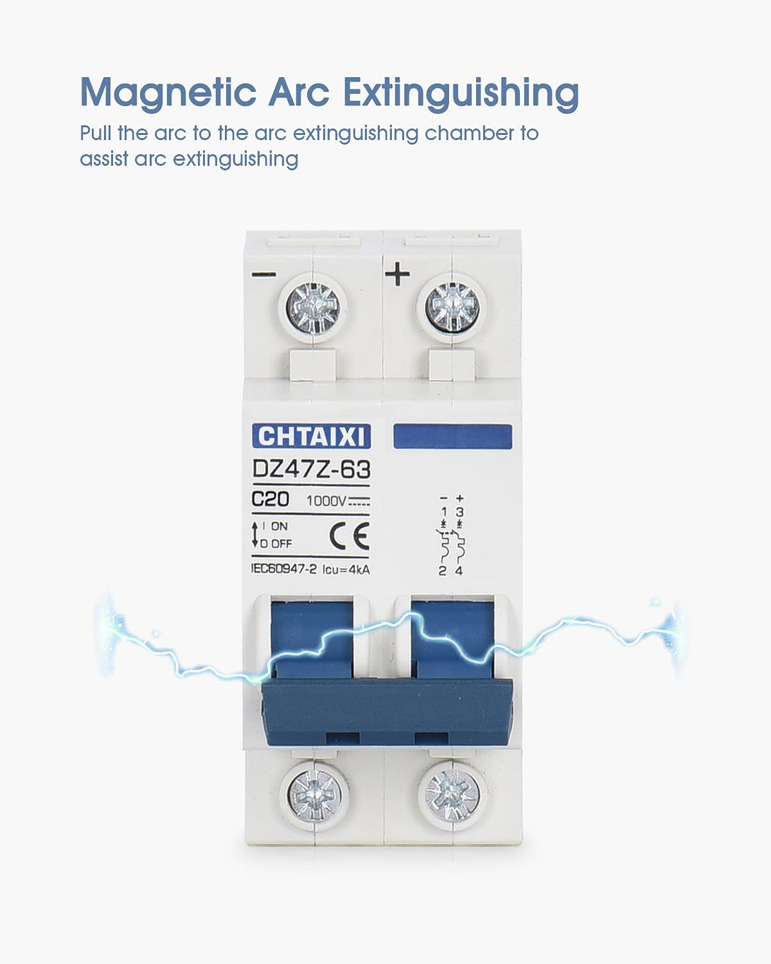 DC Miniature Circuit Breaker, 2 Pole 1000V 20 Amp Isolator for Solar PV System, Thermal Magnetic Trip, DIN Rail Mount, Chtaixi DC Disconnect Switch C20