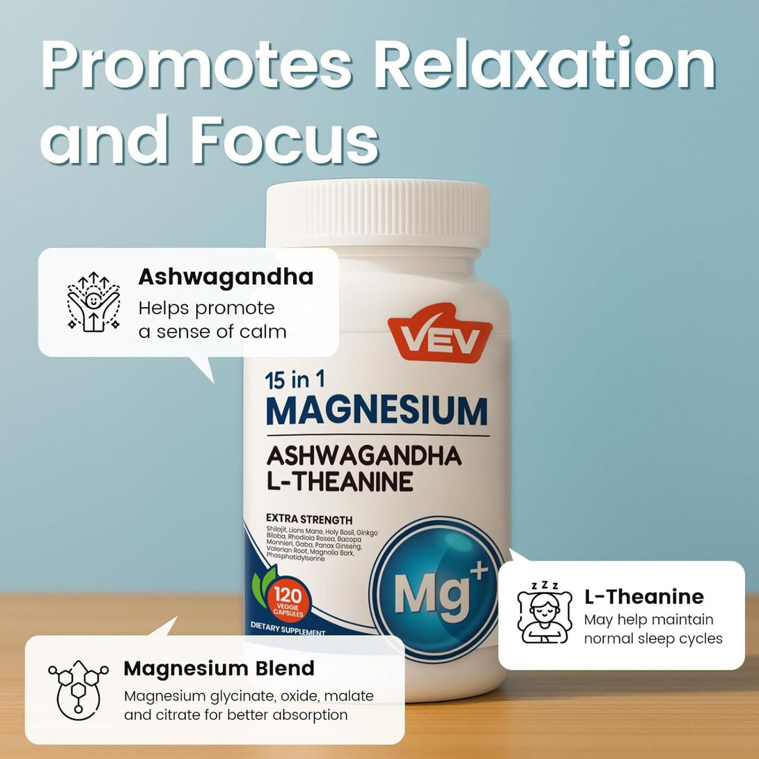 VEV Magnesium Glycinate & Citrate Cortisol Supplements for Women, Stress and Sleep Support with Ashwagandha & L-Theanine, Cortisol Manager, 120 Vegan Capsules