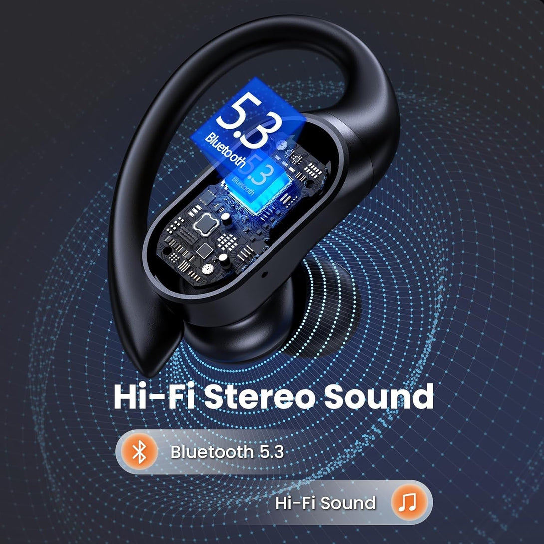 Wireless Earbuds, 90H Playtime Bluetooth Headphones, over Ear Buds with LED Display, Stereo Bass Earphones, Wireless Charging Case, IPX7 Waterproof Sport Headset for Workout (Black)