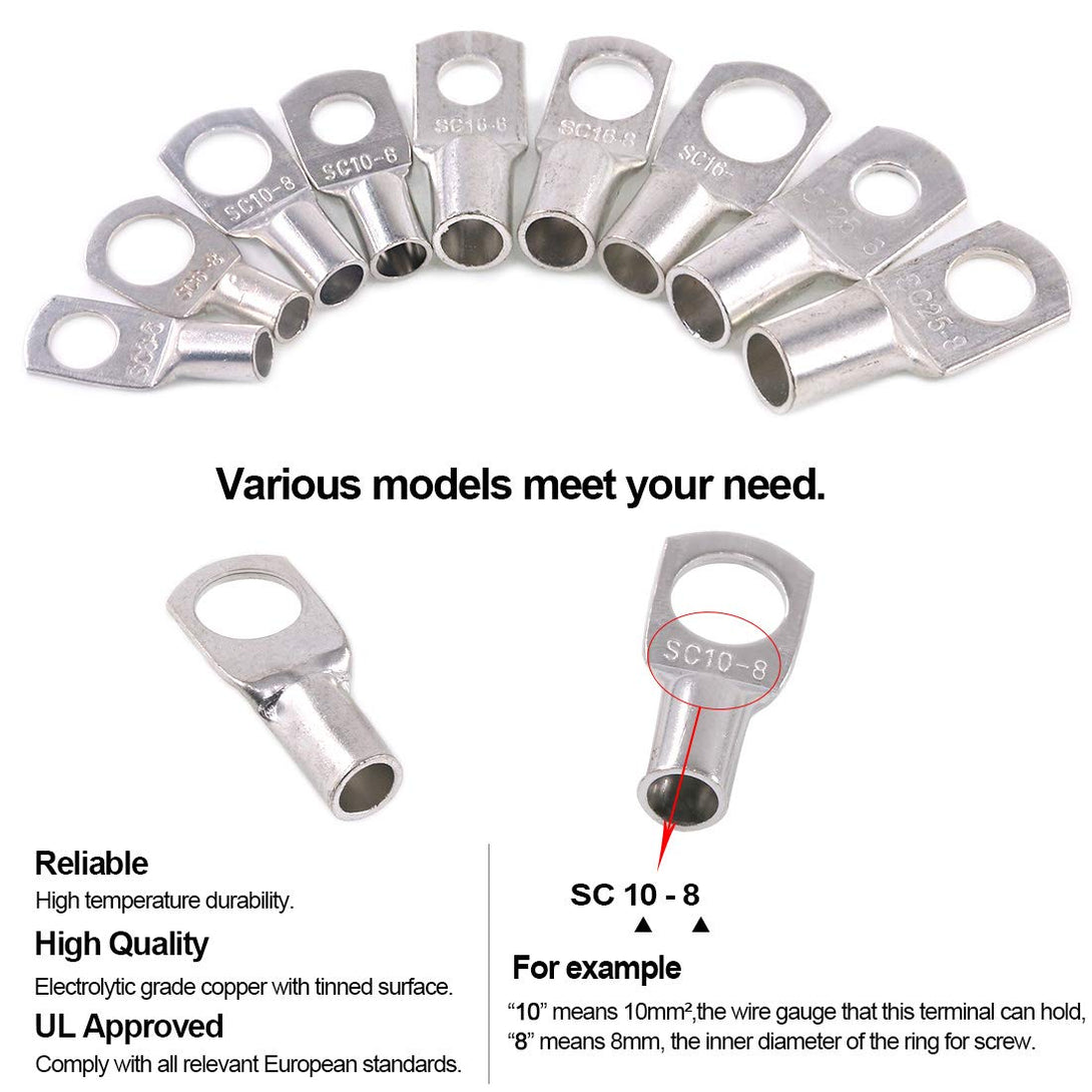 Glarks 125Pcs Marine Grade Heavy Duty Tinned Copper Wire Lugs Battery Cable Ends Eyelets SC Ring Terminal Connectors Assortment Kit