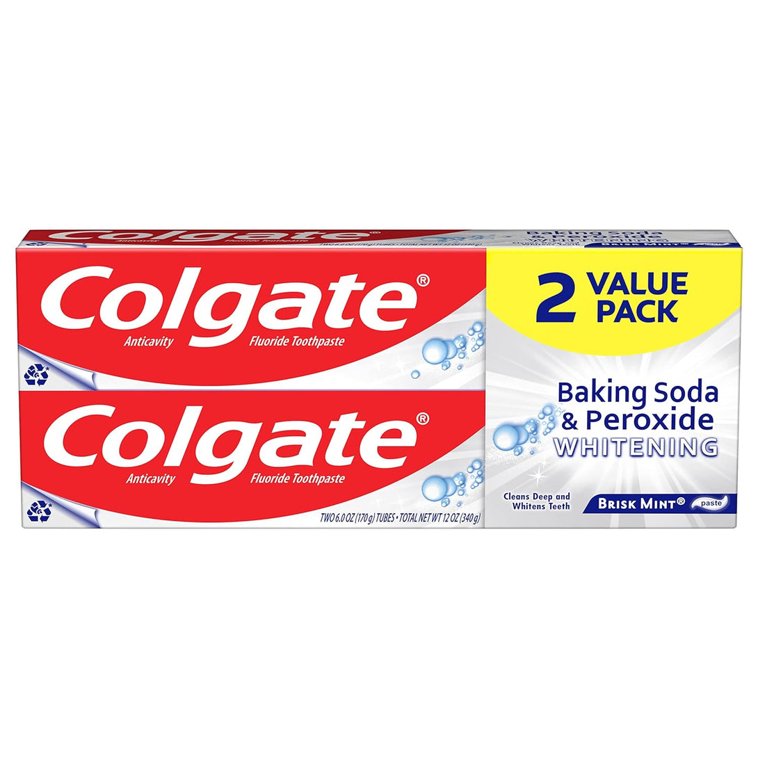 Colgate Baking Soda & Peroxide Toothpaste - Whitens Teeth, Fights Cavities & Removes Stains, Brisk Mint, 6 Ounce (Pack of 2)