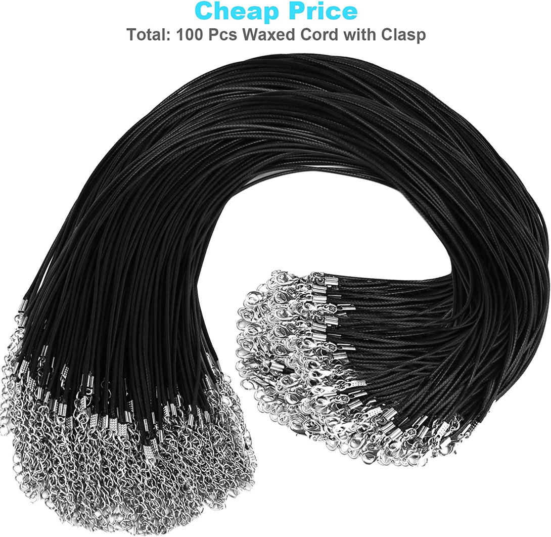 100Pcs Premium Leather Necklace Chains Bracelet Cord with Clasps for Pendants, Bulk Waxed Rope Necklace String, Black , 18" for Jewelry Making Supplies, 1.5Mm DHOOZ