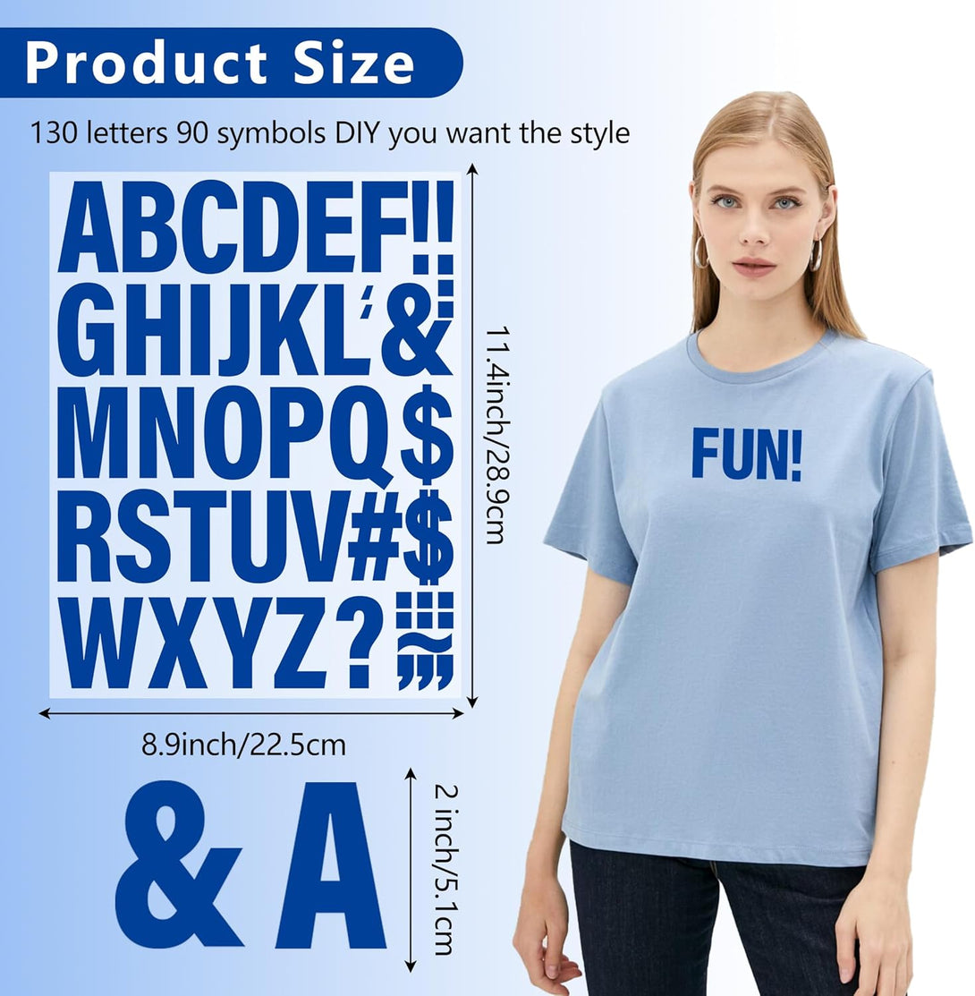 5 Sheets 220 Pieces Iron on Letters for Clothing, 2 Inch Heat Transfer Letter Patches, Blue Iron on Vinyl Alphabet Letters with A-Z for Backpack，Jerseys，Fabric T-Shirts Printing DIY Craft