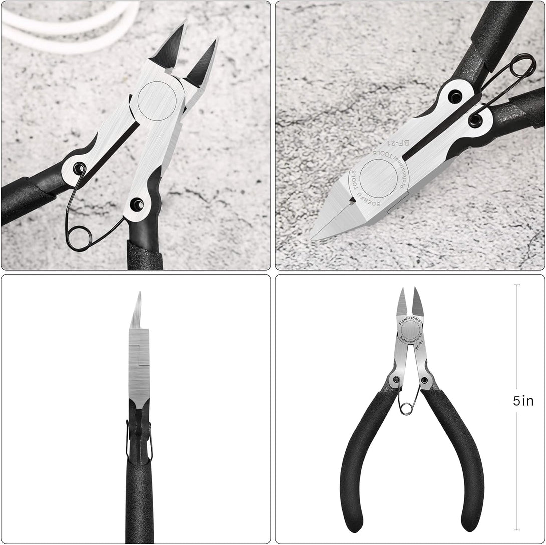 BOENFU Small Wire Flush Cutters 5-In, Sharp and Precision Side Cutting Pliers with Spring, Small Wire Snips for Jewelry Making, Model Cutting, Electronic - Black