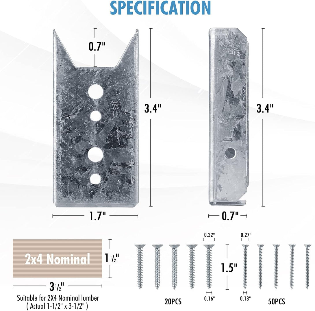 Lukloy Fence Bracket Repair Kit 10 Pack Galvanized 2X4 Brackets for Wood Rail Includes 70Pcs 304 Stainless Steel Screws