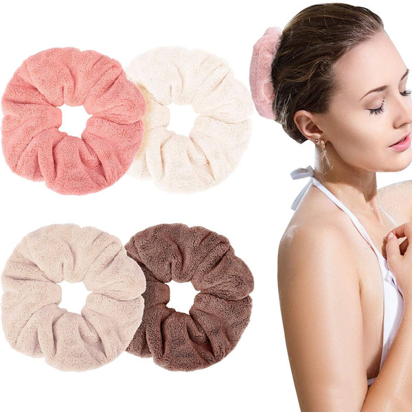 4 Pieces Large Towel Microfiber Drying Soft Scrunchies Thick Scrunchies Fuzzy Scrunchy Ponytail Holder for Hair Light Bobbles Ropes Wet and Dry Hair Accessories (Bright Colors)