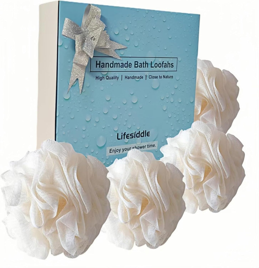 Loofah-Bath Sponge Set-Large, 4 Pack Bath Scrubbers, Soft Mesh White Puff-Cleansing Body Scrub for Men and Women: Skin Soothing Exfoliation Tools (Elegant White-60G)