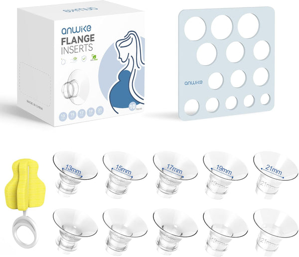 10PCS Flange Sizing Kit, Silicone Flange Inserts 13/15/17/19/21Mm &Nipple Ruler&Cleaning Brush 24Mm Flange/Shield, Compatible with Momcozy S9/S9Pro/S10/S12/S12Pro /Medela/Elvie