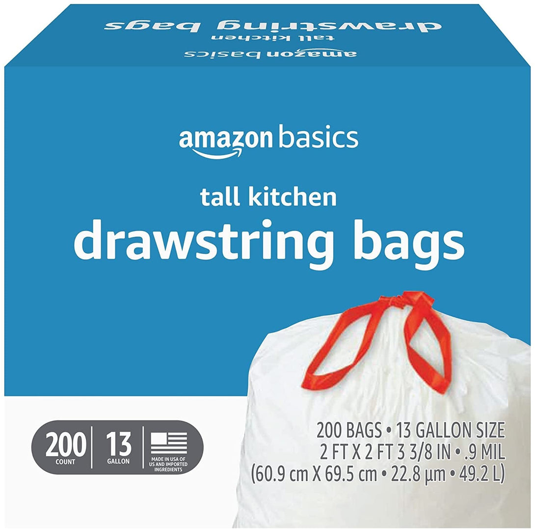 Amazon Basics Trash Bags, Tall Kitchen Drawstring, Unscented, 13 Gallon, 200 Count, Pack of 1