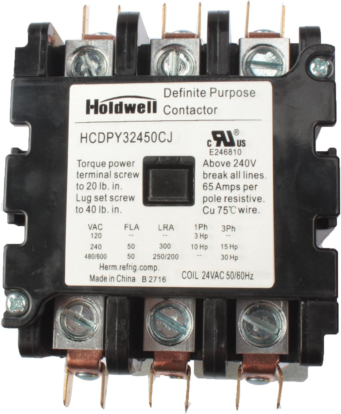 Holdwell 42DF35AJ 3 Pole 50 Amp 24V Coil Definite Purpose Air Conditioner Contactor