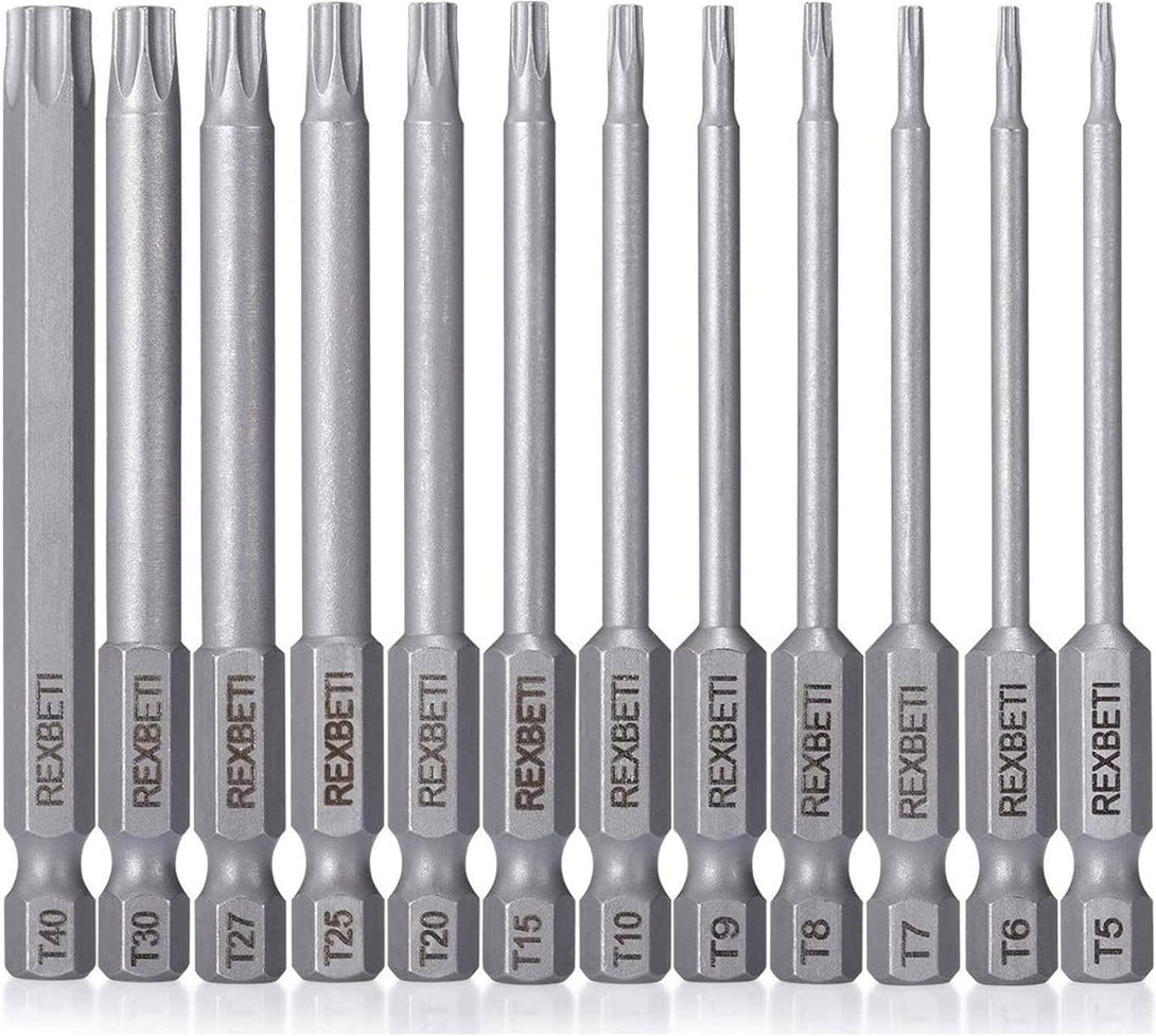 REXBETI 12 Piece Torx Head Screwdriver Bit Set, 1/4 Inch Hex Shank S2 Steel Magnetic 3 Inch Long Drill Bits, T5-T40 (Torx Head)