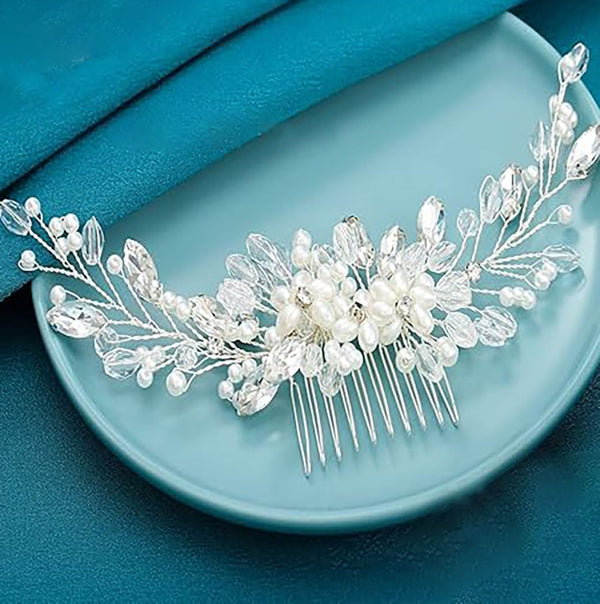 Wedding Hair Combs Silver Flower Hair Comb Pearl Bridal Hair Piece Crystal Bride Hair Accessory for Women and Girls