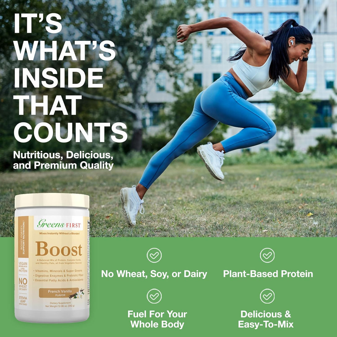 Greens First Boost - Plant-Based Protein & Balanced Nutrition - Superfood Shake Mix - No Wheat or Soy - Dairy-Free - Vegan - French Vanilla, 12.06 Oz.