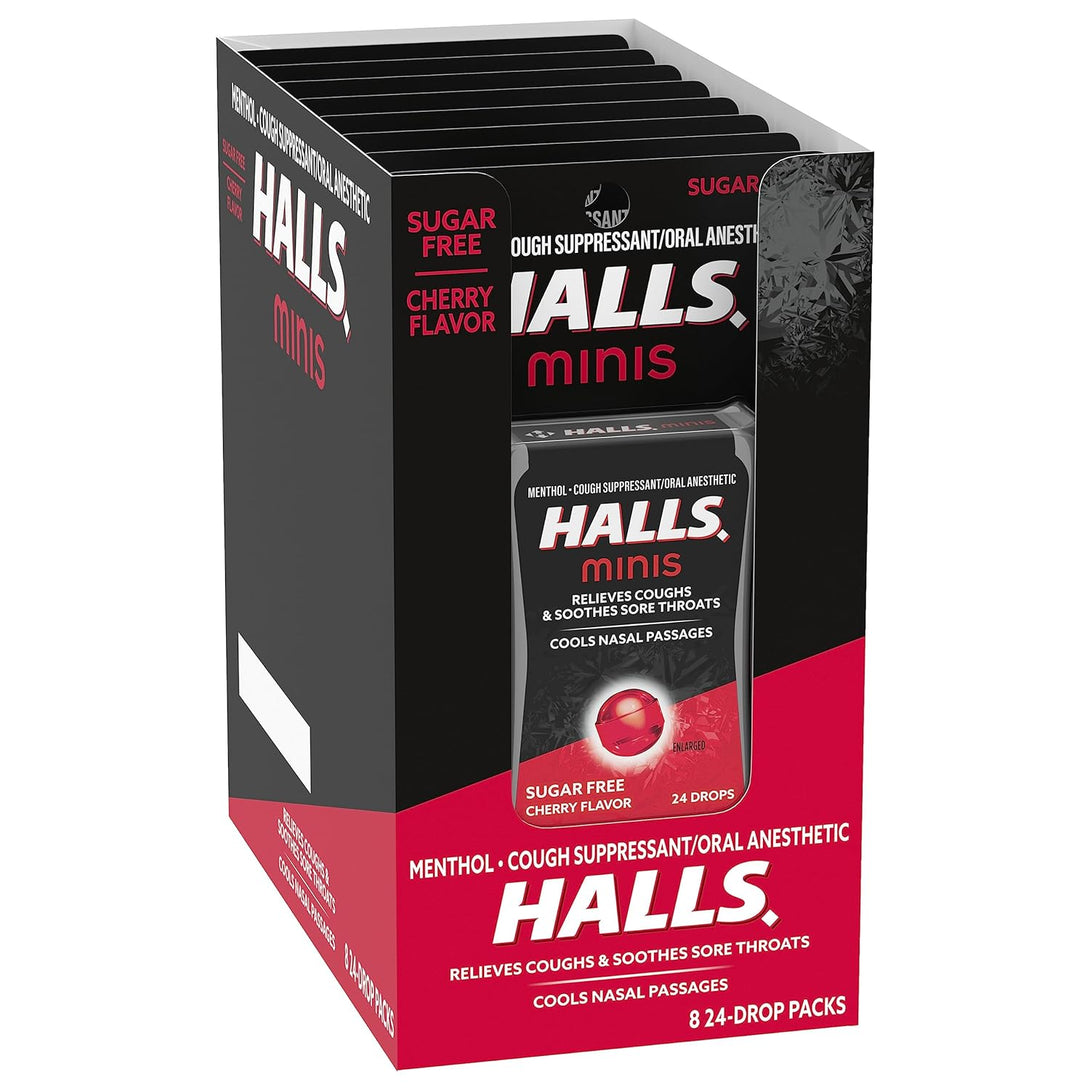 HALLS Minis Cherry Flavor Sugar Free Cough Drops, 8 Packs of 24 Drops (192 Drops Total)