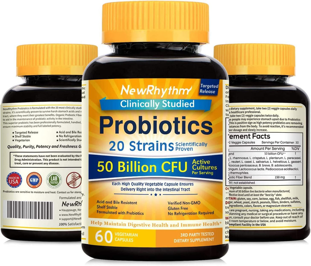 Newrhythm Probiotics 50 Billion CFU 20 Strains, 60 Veggie Capsules, Targeted Release Technology, Stomach Acid Resistant, No Need for Refrigeration, Non-Gmo, Gluten Free