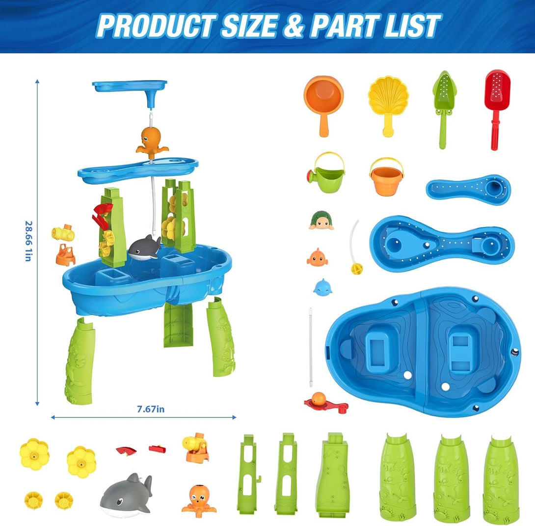 Auto Water Table for Toddlers 3-5 with Water Pumb, 3-Tier Kids Sand Water Table, Rain Showers Splash Pond for Outdoor Beach Backyard Summer, Activity Sensory Play Table for Boys Girls
