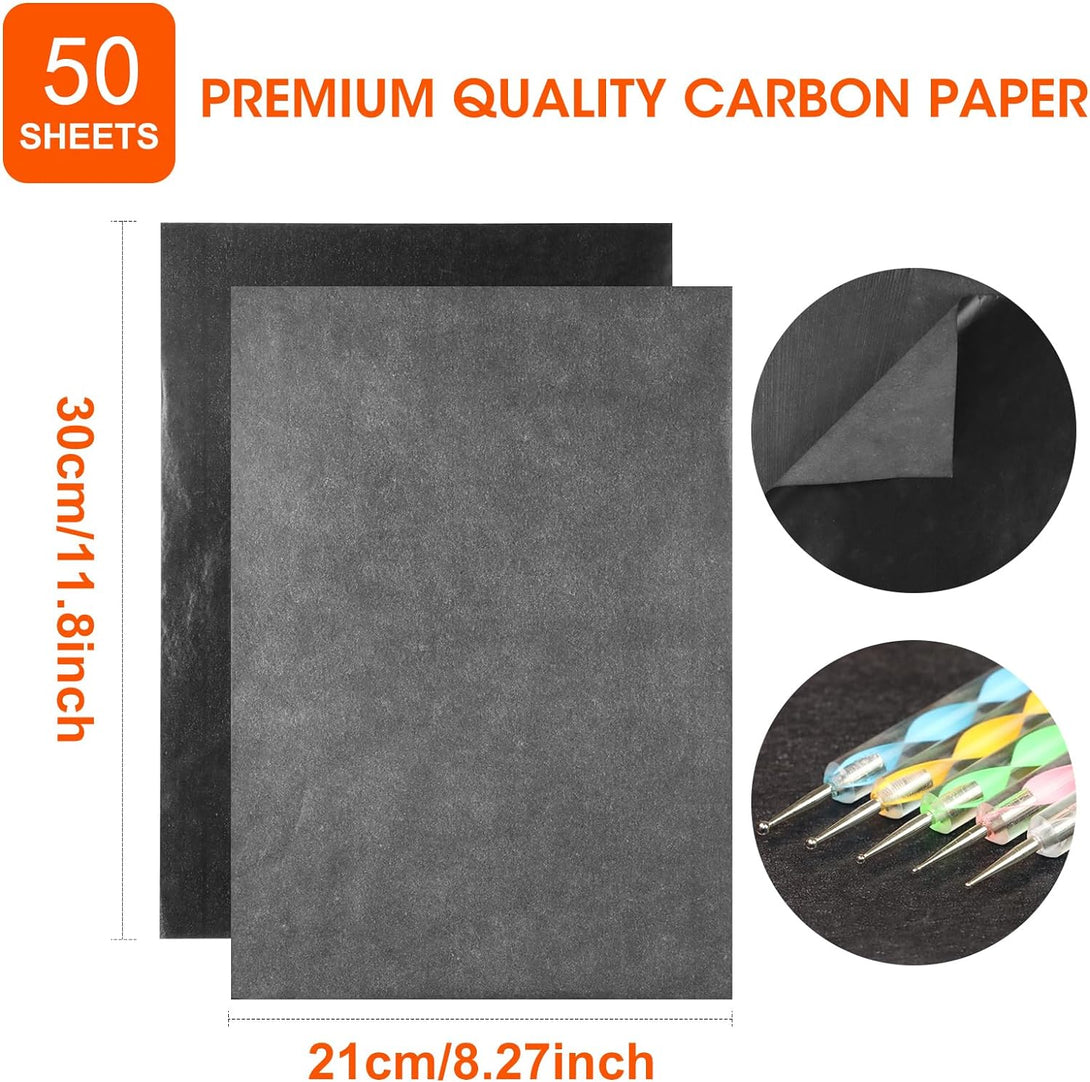 50 Sheets Carbon Paper Black Graphite Paper Transfer Tracing Paper and 5 Pieces Ball Embossing Styluses for Wood, Paper, Canvas and Other Art Craft Surfaces, 8.3 by 11.8 Inch